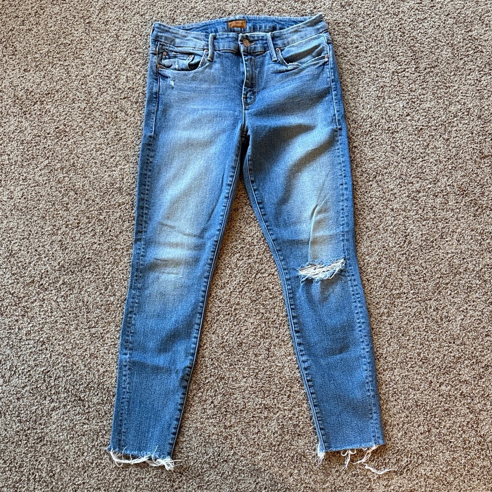 MOTHER Blue Distressed Skinny Jeans